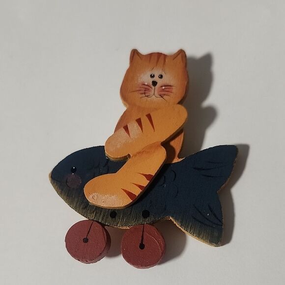 Orange Cat Riding Fish Wooden Brooch Pin - Picture 1 of 4